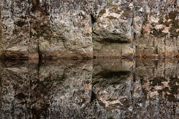 Rock reflectin to still water in forest lake