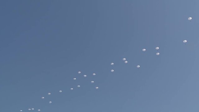 Military paratroopers jump out of the plane, open the parachute in the air