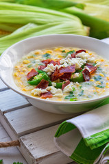 Corn soup with bacon, jalapeno, goat cheese and cilantro
