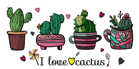 Four cute cacti in a pot. I love cactus. Banner for any design. - Vector.