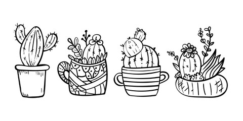 Cacti blooming with spikes. Coloring page for children and adults. - Vector. Vector illustration