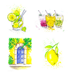 Set of watercolor cards and hand drawn pictures. Lime cocktail in a glass with ice. Three glasses with different drinks. Yellow lemon hanging on a branch. The door of a house in Italy.