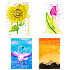 Set of watercolor cards and hand drawn pictures. Yellow flower sunflowers with drips of paint. Pink tulip with a green leaf. Pink flamingos dance at sunset. Morning dawn or evening sunset in the