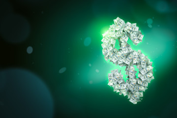 3d close-up rendering of dollar symbol made of a heap of dollar banknotes on green gradient bokeh background with copy space.