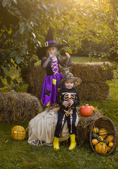 Happy kids on Halloween party. Halloween kids holidays concept. Children sister and brother with pumpkin dressed like skeleton and witch for Halloween party. Halloween on countryside.