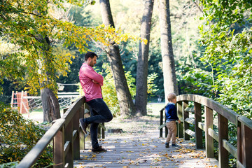 Father with small son on a walk in autumn park, standing on bridge.