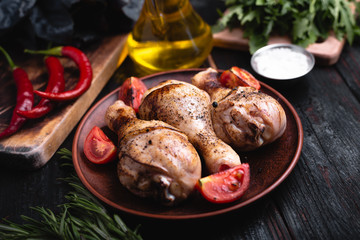 tasty and fragrant chicken legs baked, flavorful meat on the table,