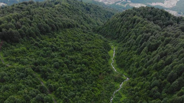 Aerial view mountain creek in Krasnaya Polyana. Caucasian mountains, green forest