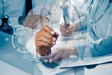 doctor hand pushing button on a touch screen interface