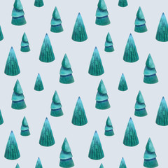 Seamless pattern. Hand-drawn watercolor illustration for Christmas with beautiful elements in hygge style: lantern, deer, tree, presents)