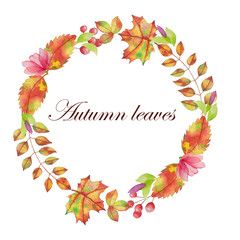 Watercolor leaves circle frame. Hand drawn autumn, fall composition for design, greeting card. Isolated.