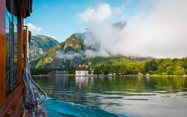 View out of a boat above the Königssee and Chruschtschow St. Bartholomä