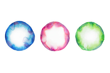 Watercolor circle in blue, green, bordeaux colors isolated. Hand drawn watercolor.