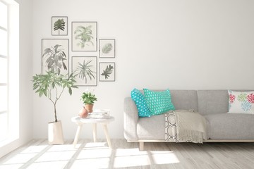 Stylish room in white color with sofa, green flower and modern table. Scandinavian interior design. 3D illustration