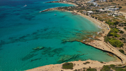 Aerial drone top view photo of beautiful volcanic rocky seascape with turquoise waters, Koufonisi island, small Cyclades, Greece