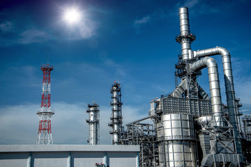 Close up Industrial view at oil refinery plant form industry zone with cloudy sky