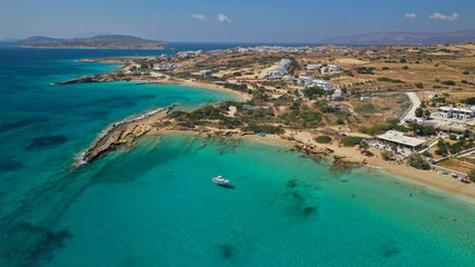 Aerial drone top view photo of beautiful volcanic rocky seascape with turquoise waters, Koufonisi island, small Cyclades, Greece