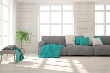 Stylish room in white color with sofa. Scandinavian interior design. 3D illustration