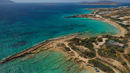Aerial drone top view photo of beautiful volcanic rocky seascape with turquoise waters, Koufonisi island, small Cyclades, Greece