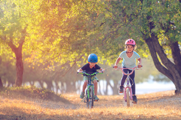 Fototapeta premium Young children on bikes in country having fun