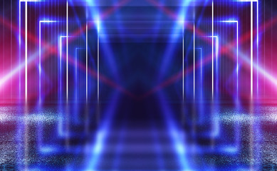 Dark abstract futuristic background. Neon lines glow. Neon lines, shapes. Pink-blue glow. Empty Stage Background