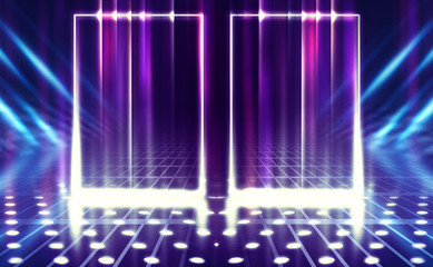 Abstract background. Dark empty stage, multi-colored rays of a neon searchlight, wet asphalt, smoke, night shooting, bokeh color.