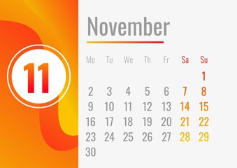 November calendar 2020 concept banner. Cartoon illustration of November calendar 2020 vector concept banner for web design