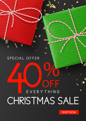 Promo poster template for Christmas sale. Holiday poster with realistic red and green gift boxes and golden confetti. Vector illustration. Ads social media web banner for sale and product promo.