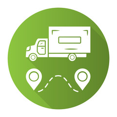 Delivery truck green flat design long shadow glyph icon. Cargo shipping lorry. Freight transportation auto. Heavy goods delivery van. Postal service vehicle. Vector silhouette illustration
