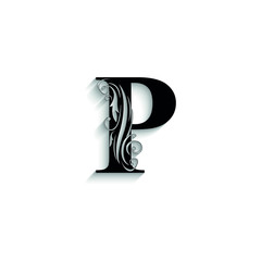letter P. Black flower letters,  alphabet.  Beautiful capital letter. vector
