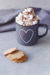 Delicious hot chocolate with whipped cream and cookies on grey stone background. Copy space