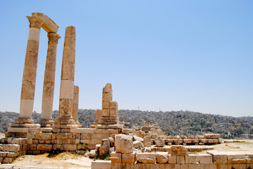 Roman ruins in the middle of the ancient citadel park in the center of the city of Amman, Jordan's capital.