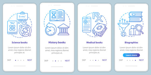 Books catalogue onboarding mobile app page screen with linear concepts. Different book genres walkthrough steps graphic instructions in blue. UX, UI, GUI vector template with illustrations