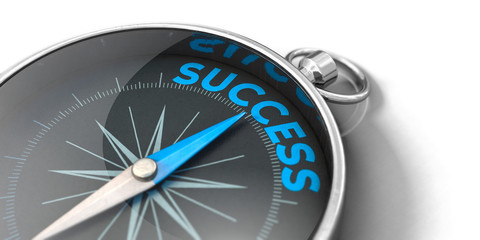 Compass points towards success. Compass with blue needle and blue letters.