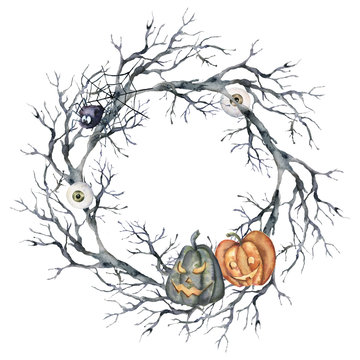 Watercolor halloween wreath with spider and pumpkin. Hand painted holiday template with tree branch, eye and burning gourd isolated on white background. Illustration for design, print or background.