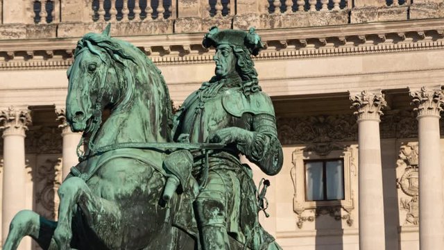 Close-up hyper lapse of Imperial Palace Hofburg and Statue of Prince Eugene of Savoy, Vienna, Austria