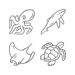 Underwater world linear icons set. Swimming octopus, squid, turtle. Ocean animals. Marine fauna. Aquatic creatures. Thin line contour symbols. Isolated vector outline illustrations. Editable stroke