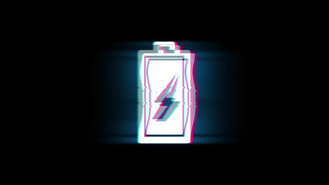 Battery Electricity Symbol on Glitch Led Screen Retro Vintage Display Animation 4K Animation Seamless Loop Alpha Channel.