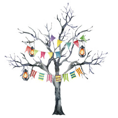 Watercolor halloween card with black tree and flag garland. Hand painted holiday template with burning lantern and wood isolated on white background. Illustration for design, print or background.