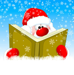 Santa is reading a book. Santa is reading a book on Christmas Eve. Winter background with snowflakes. Winter reading Santa Claus