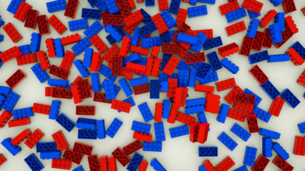 red and blue rectangular parts from a children’s designer on a white background. 3d render illustration