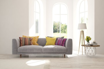 Stylish room in white color with sofa. Scandinavian interior design. 3D illustration