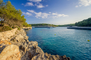 Beatuful narrow bay in Cala Mondrago national park, Mallorca