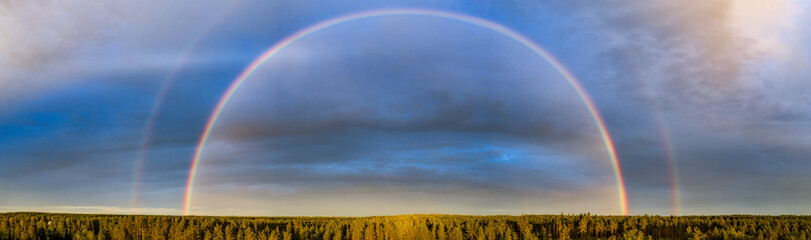 Drone photo of the whole rainbow over summer pine tree forest, very clear skies and clean rainbow colors. Scandinavian nature are illuminated by evening sun. Rainbow is double in the most of photo