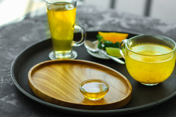 honey, portioned sweet treat (sweet dessert, healthy and delicious) menu concept. food background. copy space. Top view