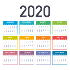 Calendar 2020 vector basic grid. Simple design template. Vector illustration.