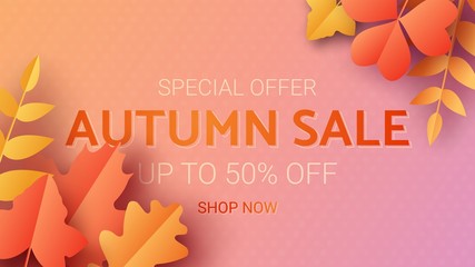 Autumn sale banner in trendy paper cut style. Special offer flyer with orange, yellow, red leaves in pastel colors.