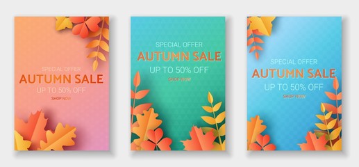Autumn sale vaertical banners set in trendy paper cut style. Special offer flyer with orange, yellow, red leaves in pastel colors.