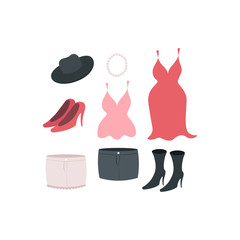 Vector set of clothes: shoes, hat,  necklace, blouse, dress and skirts. Fashion and stylish illustration of a women's clothing collection!