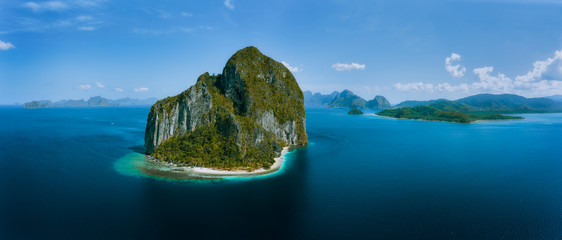 Beautiful landscape scenery in El Nido, Palawan, Philippines. Aerial drone panoramic shot of...